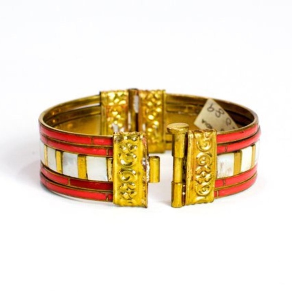 VTG 70's Mother of Pearl Brass Hinged Bangle - Picture 5 of 5